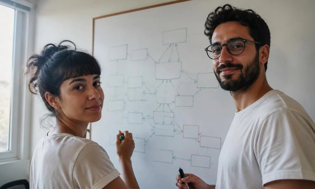 Grupo em sala clara acompanhando a explicação de uma participante que fala de pé