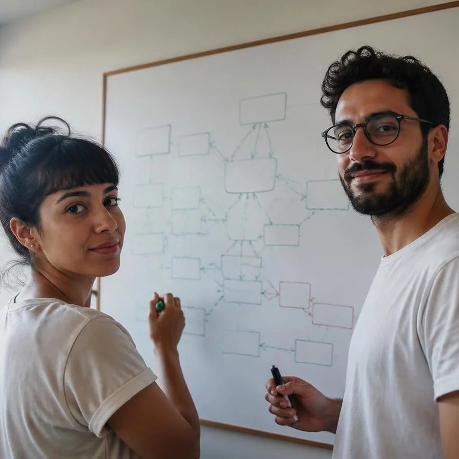 Duas participantes de pé junto ao quadro branco, desenhando as partes de um argumento
