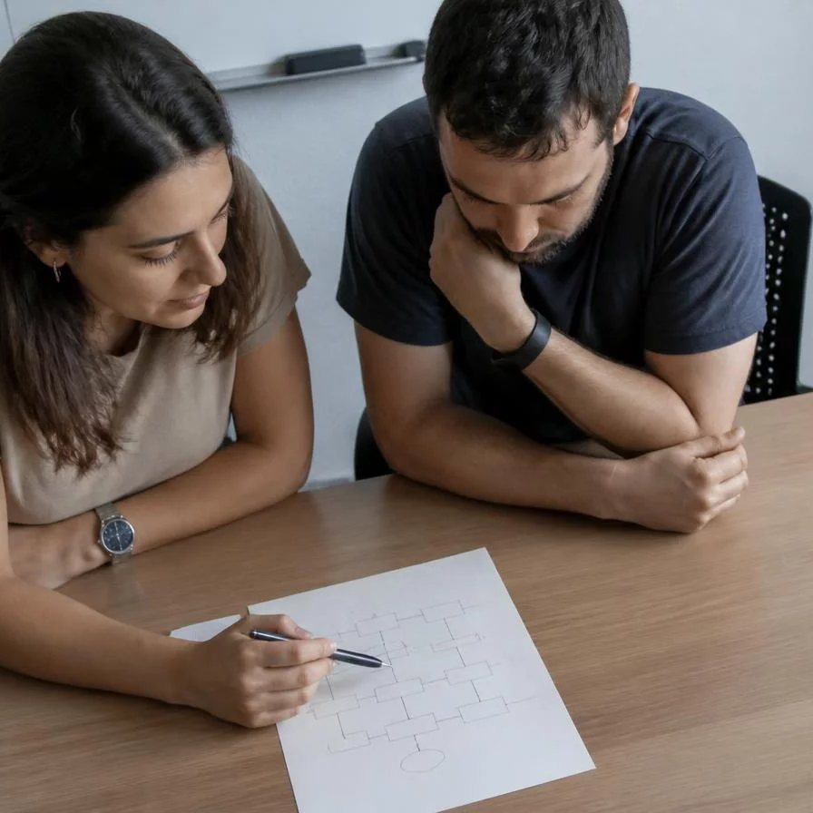 Duas pessoas relendo num tablet as notas da rodada anterior, apoiadas na mesa de madeira