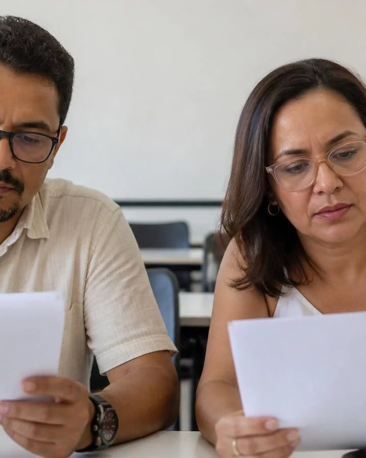 Sala iluminada com uma participante explicando o seu ponto ao grupo sentado ao redor